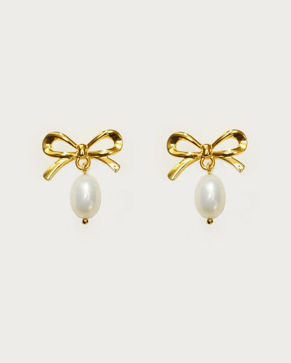 Gold Ribbon Pearl Earrings