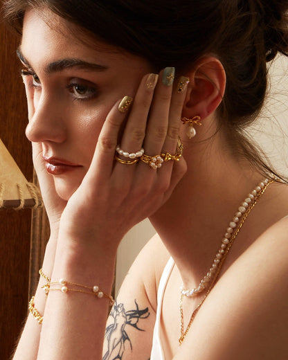 Gold Ribbon Pearl Earrings