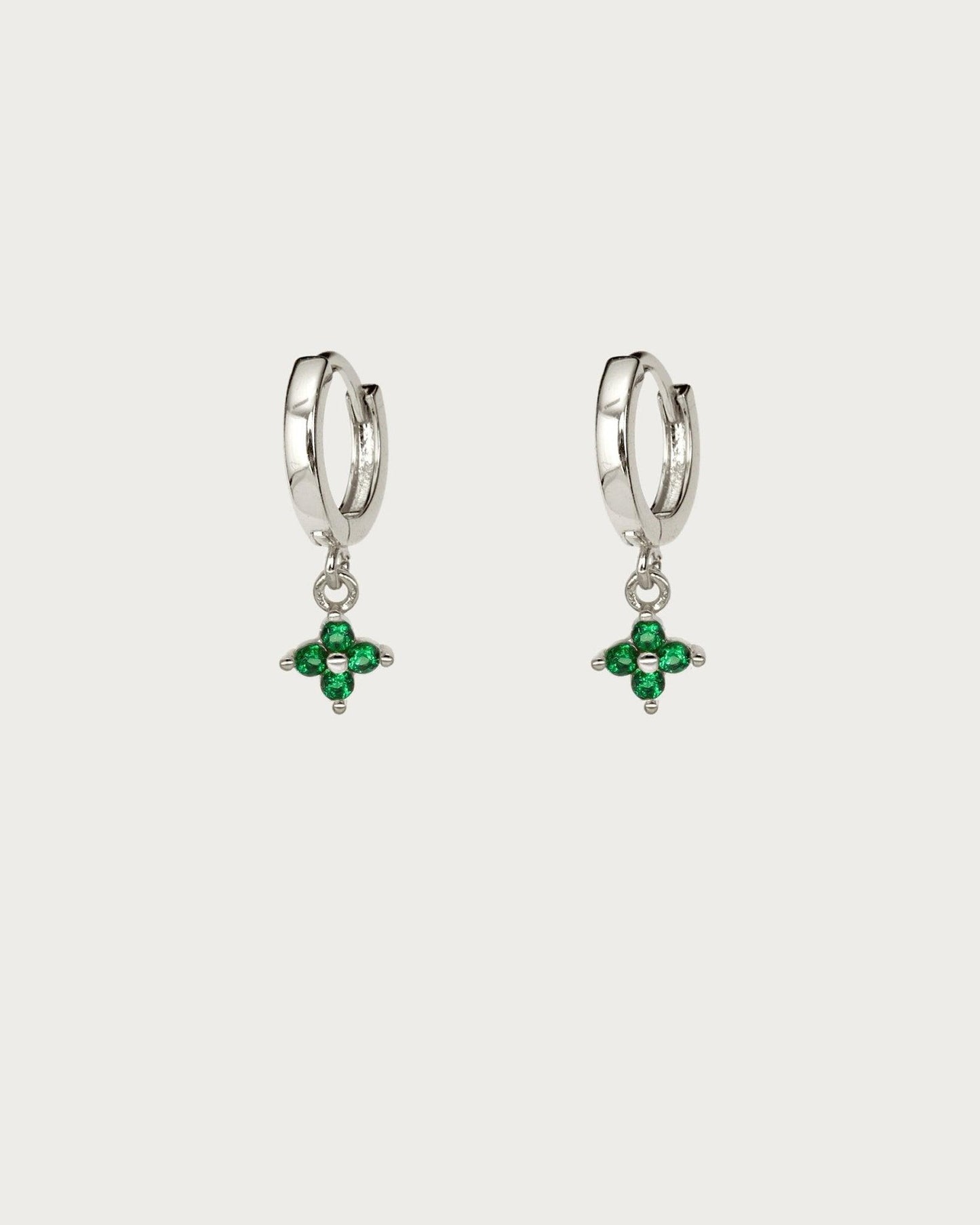 Green Clover Hoop Earrings in Silver