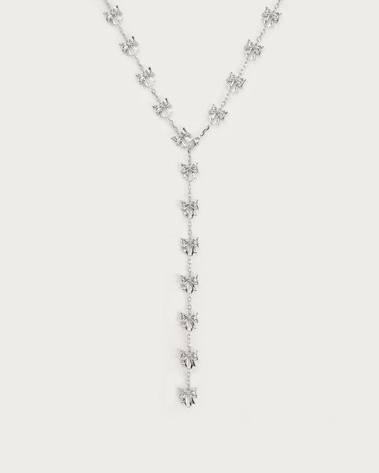 Bow Lariat Long Necklace in Silver